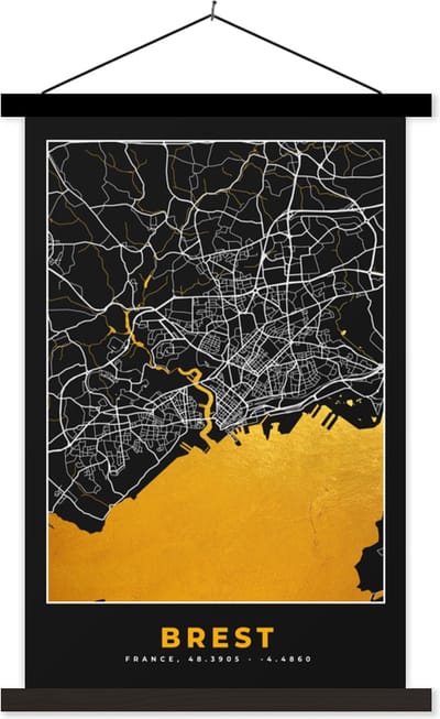 Posterhanger incl. Poster 40x60 cm - Schoolplaat - Plattegrond – Stadskaart – Brest - Frankrijk - Kaart - Textielposter - Zwarte latten - Stadskaart
