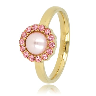 My Bendel - Goudkleurige Ring met Roze Parel en Zirkonia Stenen - Goudkleurige Ring - Roze Parel - Zirkonia Steentjes - met Luxe Cadeauverpakking | Sieraden Voor Dames | Maat 16.00 Mm / Maat 50