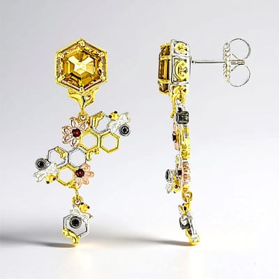 Cavill - Zilveren Oorbellen - 925 Sterling Zilver Palladium - Citrien 4,19 ct & Granaat - Zwarte Spinel - Hexagon Honingraat - Elegant