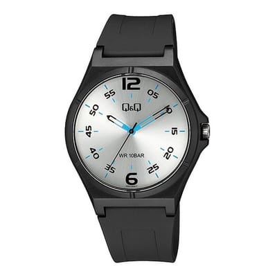 Q&Q V04A-004VY - Horloge - Sport - Analoog - Unisex - Plastic band - Rond - Cijfers - Kunststof - Zwart - Zilverkleurig - 10 bar waterdicht