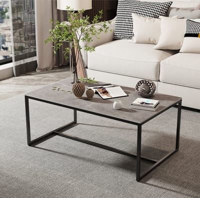 FATIVO Salontafels Marmer - Rechthoekige - Koffietafel met metalen frame - Bijzettafel grijs - Sidetable - Ideaal voor Woonkamer of kleinere ruimtes - 100x60x43cm