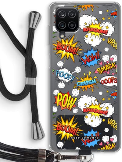 Case Company® - Hoesje met koord geschikt voor Samsung Galaxy A12 hoesje met Koord - Pow Smack - Telefoonhoesje met Zwart Koord - Bescherming aan alle Kanten en Over de Schermrand