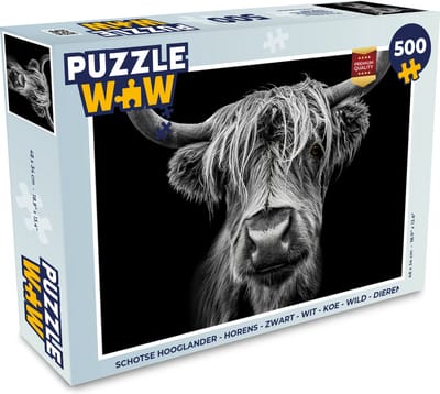 Puzzel Schotse Hooglander - Horens - Zwart - Wit - Koe - Wild - Dieren - Legpuzzel - Puzzel 500 stukjes