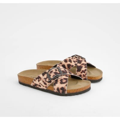 boohoo Dames Wide Fit Single Strap Footbed Sliders | Luipaardprint | Maat: 36