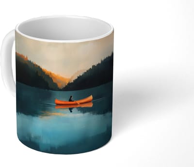 Mok - Koffiemok - Bossen - Meer - Kano - Oranje - Mokken - 350 ML - Beker - Koffiemokken - Theemok