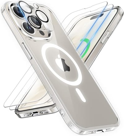 Magnetic Clear Hoesje Geschikt voor: iPhone 15 Pro Max Case [Compatibel met Magsafe] [2x Glazen Screen Protector] [Camera Protector] Schokbestendige Telefoonhoes Cover - Transparant