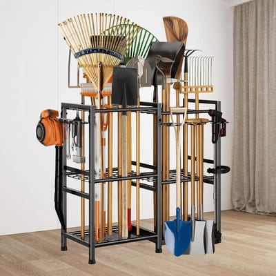 Driedimensionale metalen opslagrek voor tuingereedschap, ideaal voor garage, school en commerciële ruimtes, perfect voor schoppen, harken, bezems en meer.
