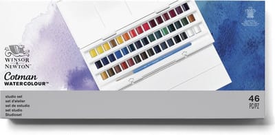 Winsor & Newton 0390471 Cotman Studio Aquarelverf Set – 45 Halve Napjes – Volledig 40-Kleuren Palet met Penseel & Mengpaletten