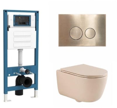 QeramiQ Dely Swirl Toiletset - inbouwreservoir Qeramiq Flush - slim zitting - metaal messing geborstelde bedieningsplaat - ronde knoppen - beige