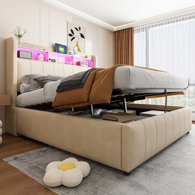 SINGULARITY-Gestoffeerd bed 140x200cm- hoofdbord met planken en opbergruimte- met hydrauliek- tweepersoonsbed voor volwassenen- beige- zonder matras