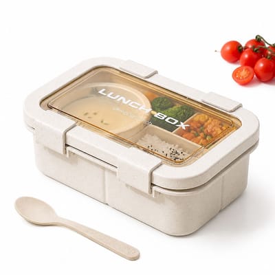 VHV - Lunchbox - Broodtrommel - Luchtdichte Lunchbox met 3 Vakken & Soepkom - 1000ml - Lunchset met Bestek - Lekvrije Voedselcontainer voor Magnetron - 20.1x13.7x7 cm