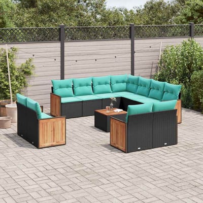 vidaXL - 12-delige - tuinbankset - met - kussens - van - zwart - polyrotan