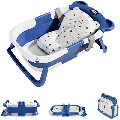 Geargalaxy Draagbare Babybadkuip - Reisbadkuip - Badje voor baby’s - Reis babybadje - Veilig babybadje - Inclusief Thermometer - Blauw
