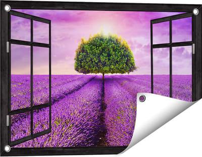 Gards Tuinposter Doorkijk Groene Boom in de Lavendel Bloemen - 60x40 cm - Tuindoek - Tuindecoratie - Wanddecoratie buiten - Tuinschilderij