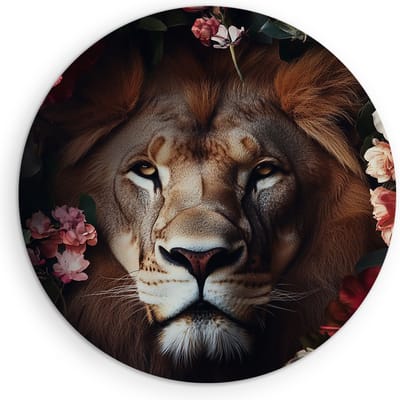 Saammp Muurcirkel Hout - Leeuw - Bloemen - Roze - Natuur - Landschap - Ø 90 - Wandcirkel - Wanddecoratie Cirkel - Muurdecoratie Woonkamer - Slaapkamer decoratie - Rond Schilderij