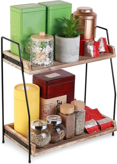 Houten Koffie Station Organizer voor Keuken - 2 Laags Werkblad Plank voor Koffie en Thee Accessoires, Ideaal voor Thuis en Kantoor, Ruimtebesparende Oplossing