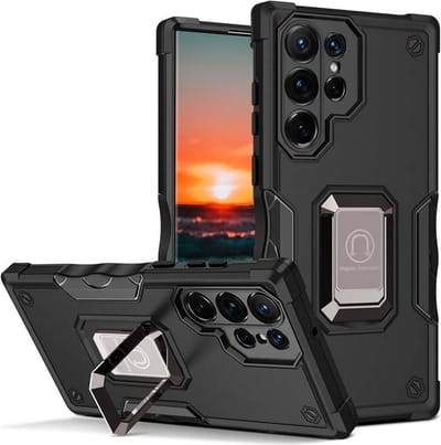 Smartphonica Rugged Armour case voor Samsung Galaxy S21 Ultra met verstelbare ringhouder - Zwart geschikt voor Samsung Galaxy S21 Ultra