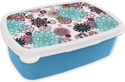Broodtrommel Blauw - Lunchbox - Brooddoos - Mandala - Bloemen - Patroon - 18x12x6 cm - Kinderen - Jongen