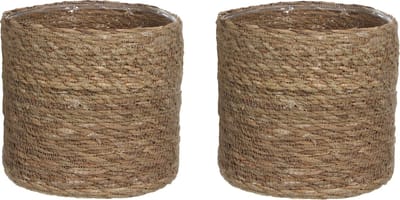 Mica Decorations Plantenmand - 2x stuks - naturel bruin - rotan - 16 x 16 cm - Met plastic binnenkant