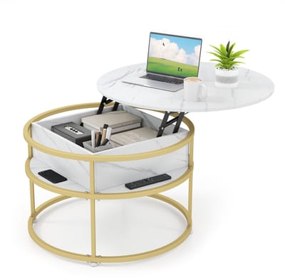 COSTWAY Salontafel in hoogte verstelbaar, woonkamertafel met hefplaat, verborgen opbergruimte en metalen frame, 80 cm, ronde koffietafel voor werkkamer, woonkamer