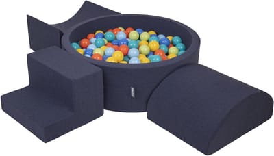 KiddyMoon schuimspeelplaats met rond ballenbad (200 ballen) ballenbakken voor baby's speelbad hindernisbanen, made in the eu, donkerblauw:lichtgroen/oranje/turquoise/blauw/geel