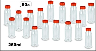 50x Flesje PET 250/300cc met oranje dop - 250-300ml - Sap water gerecyclede drink fles vruchten limonade drank festival uitdeel party