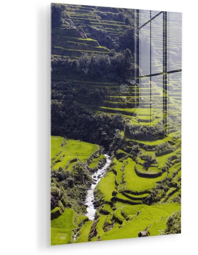 ® Glasschilderij 120x180 cm - Schilderij acrylglas - De zon straalt op de groene Rijstterrassen van Banaue in de Filipijnen - Foto op glas - Muurdecoratie woonkamer - Wanddecoratie slaapkamer - Schilderijen