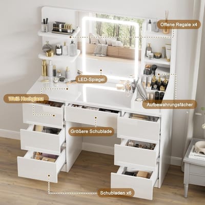 Luxe Hoogglans LED Kaptafel met Spiegel, 7 Lades en 4 Opbergvakken – 108x39,5x139 cm Wit Modern Design Make-up Tafel