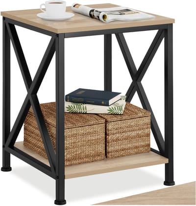 tectake® Bijzettafel met 2 Niveaus – Nachtkastje van Hout en Metaal, X-Vormige Spijlen, Industrieel Design, Vintage Salontafel, Zwart Metalen Frame – Licht Sonoma Eiken