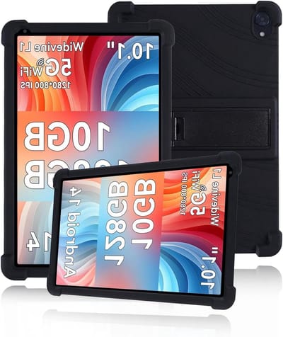 Beschermhoes voor Ainmel 107 10,1 inch tablet, huidvriendelijke zachte siliconen tablethoes met verstelbare standaard (zwart)
