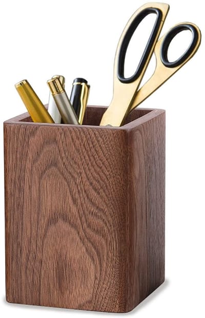 Dailygoods- Pennenkoker Handgemaakt - Bureau Organizer - Vierkante Pennenhouder - Zwart Walnoot Hout - 11x8x8cm - Uniek Ontwerp