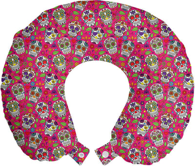 ABAKUHAUS Suikerschedel Reiskussen met Neksteun, Suikerschedel Bloemen, Schuimrubber Reisartikel voor Vliegtuig en Auto, 30x30 cm, Roze Paars Groen