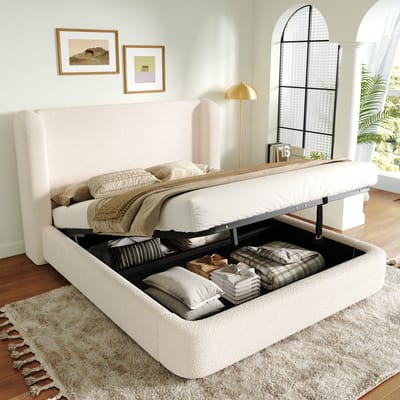 Tweepersoonsbed 180 x 200 cm - met lattenbodem - met opbergruimte - met zacht hoofdeinde - beige - zonder matras
