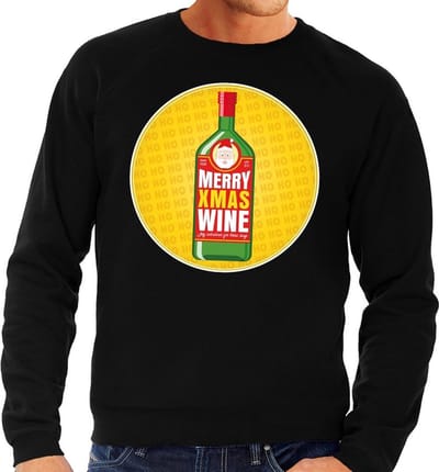 Foute kersttrui / sweater Merry Chrismas Wine zwart voor heren - Kersttrui voor wijn liefhebber S
