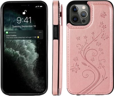 Hoesje geschikt voor iPhone 17 Air - Backcover - Pasjeshouder - Portemonnee - Bloemenprint - Kunstleer - Rose Goud
