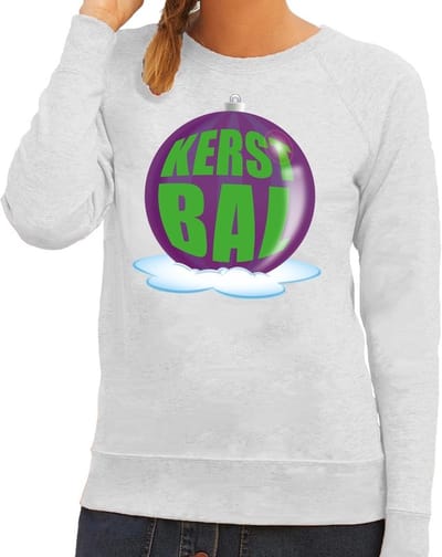 Foute kersttrui kerstbal paars op grijze sweater voor dames - kersttruien XS