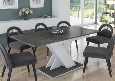 Uitschuifbare Eettafel 120 tot 160 cm met Grijs Marmereffect en Moderne V-Poot
