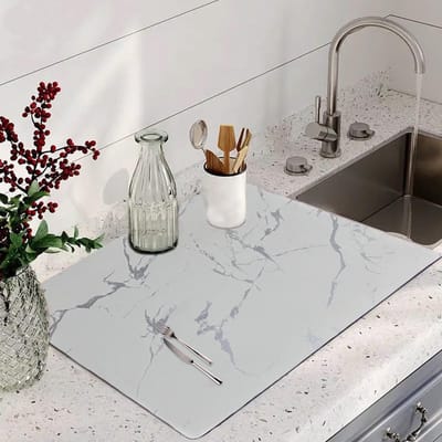 Afdruipmat 40 x 30 cm met wit marmereffect, super absorberend en antislip, sneldrogend, voor koffiezetapparaat, keuken en vloerbescherming