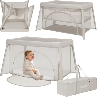 Lionelo Mila – 2 in 1 Reisbedje & Campingbed – Lichtgewicht – 2 Hoogteposities – 4 cm T25 Matras – 360° Mesh Ventilatie – Snel Compact Opvouwbaar – Zij-ingang met Rits – Inclusief Draagtas – Afneembare Wasbare Hoes