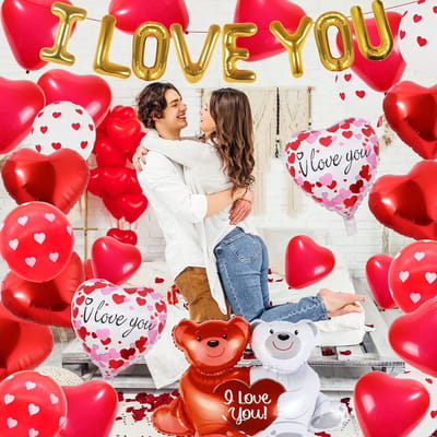 Candala Valentijnsdag Ballonnen herbruikbaar met 1000 Stuks herbruikbaar Zijden Rozenblaadjes - I LOVE YOU Ballonnen, Hart Ballonnen, Liefdes-Beer Ballonnen voor Jubileum Valentijnsdag, Romantische Decoraties