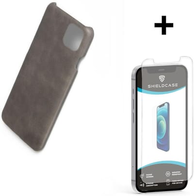 ShieldCase telefoonhoesje geschikt voor Apple iPhone 12 / 12 Pro - 6.1 inch vintage leren hoesje - grijs + glazen Screen Protector