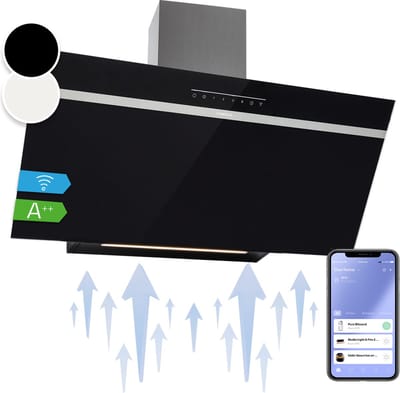 Klarstein Afzuigkap 90 cm Recirculatie/Afvoer, Afzuigkap Zwart Met Vaatwasserbestendig Filter, Schuine Afzuiging Met 585 m³/h Luchtstroom, Afzuigkap 90 cm Breed, Wandkappen Met Wi-Fi & LED's - Wandafzuigkap - 515 m³/u - voor Keuken - Touch Vetfilter