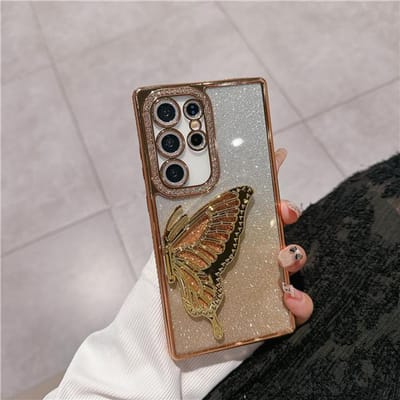 Voor Samsung Galaxy S25 Ultra Luxe Plating Diamant Frame Vlinder Standaard Telefoonhoes Op S22 S23 S24 FE S25 Plus A16 A56 55 Hoes Galaxy S22 Ultra 5G
