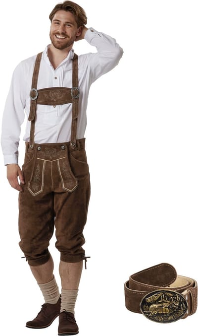 dressforfun - Authentieke Lange Lederhosen Jakob - Met Riem en Bretels - Echt Leer - Donkerbruin - 48 - Oktoberfest Kleding Man - Herenkostuum - Verkleedkleding - Duitse Klederdracht - Carnavalskleding - Klederdrachtvest - Traditionele Leren Broek