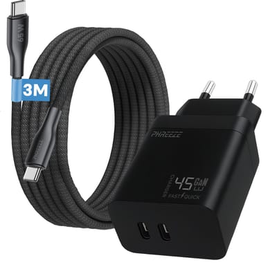 Phreeze fast charger 45 W - Usb C naar usb C oplaadkabel 3 meter - PPS fast charger - Snellader met 2 poorten
