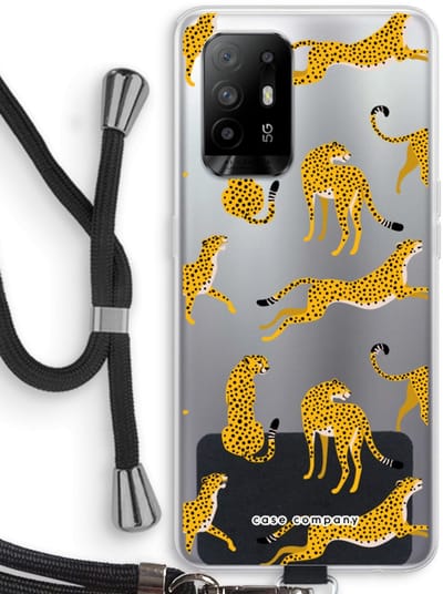 Case Company® - Hoesje met koord geschikt voor Oppo A94 5G hoesje met Koord - Luipaard - Telefoonhoesje met Zwart Koord - Bescherming aan alle Kanten en Over de Schermrand