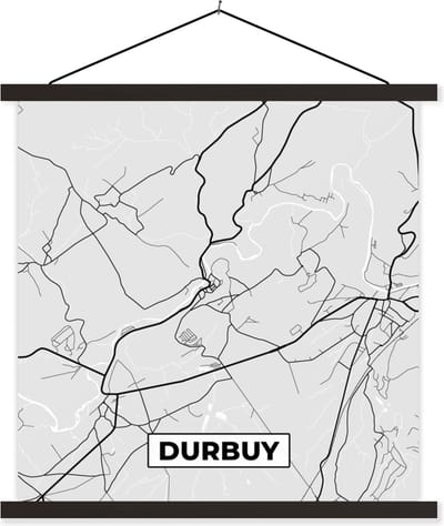 Posterhanger incl. Poster 60x60 cm - Schoolplaat - Stadskaart – Zwart Wit - Kaart – Durbuy – België – Plattegrond - Textielposter - Zwarte latten - Stadskaart