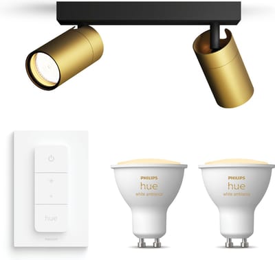Philips Hue Idris Opbouwspot voor Badkamer (Zwart/Goud) - Badkamerlamp - Warm tot Koelwit Licht - Incl. Hue Dimmer Switch - Plafondspot met 2 Lichtpunten - GU10 - Hue White Ambiance