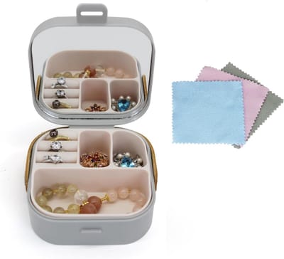 Sieradenopbergdoos met Spiegel en 3 Schoonmaakdoekjes, Compacte Reisdoos voor Ringen, Oorbellen en Armbanden, Ideaal voor Sieradenopslag en Organisatie
