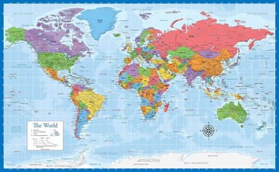 Gelamineerde wereldkaart poster - wandkaart kaart van de aarde - 45,7 cm x 73,7 cm (blauw) - ShopVlot